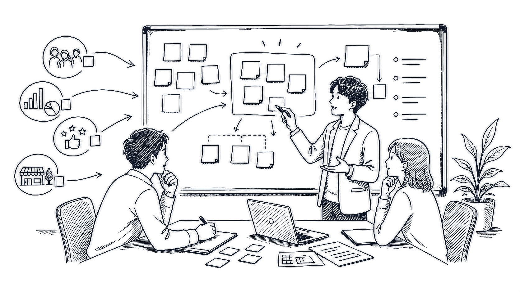 社内人材を育てるAIマーケティング研修の線画イラスト