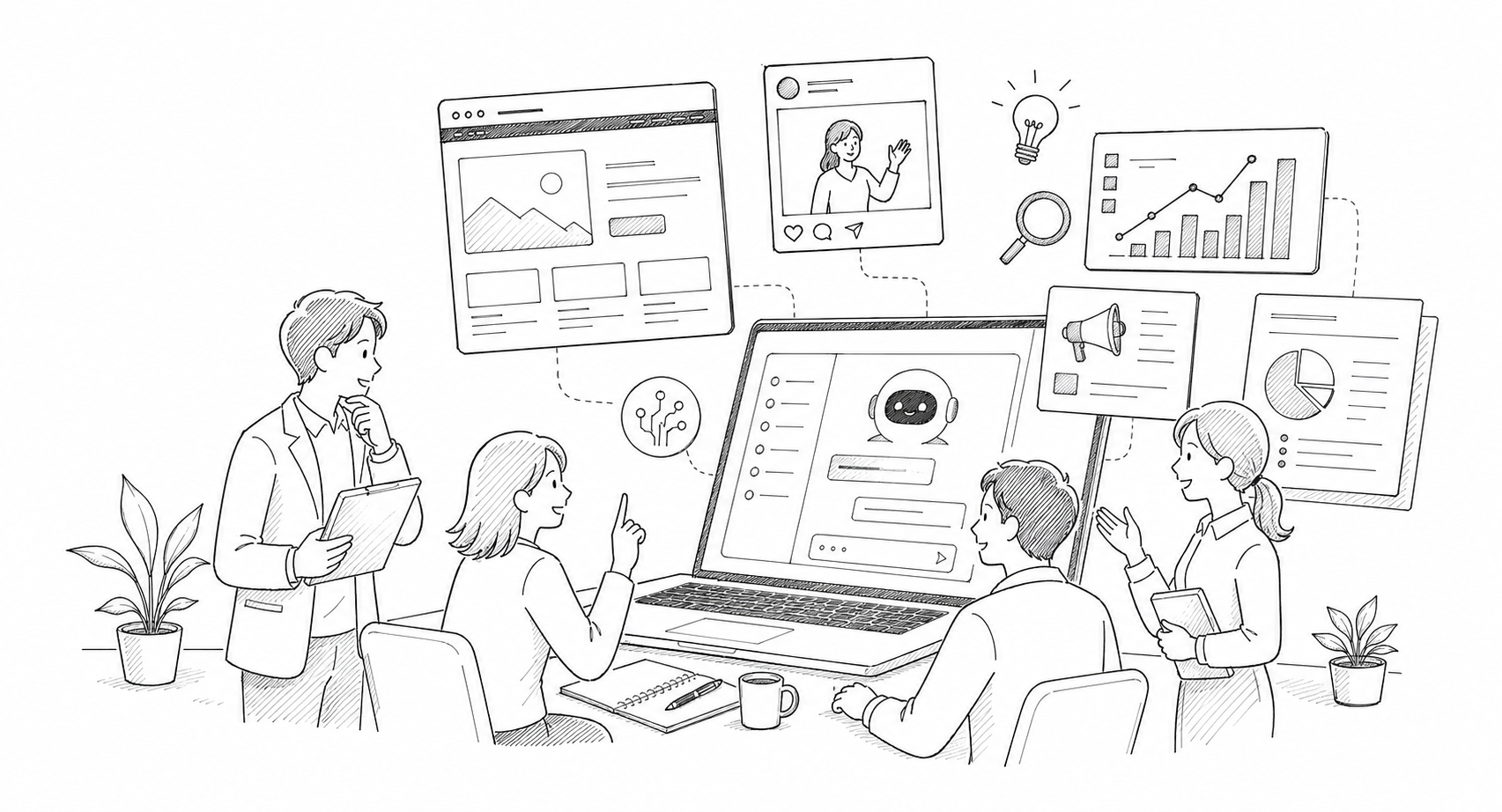 AIを使ったマーケティング研修で社内メンバーが販促改善を話し合う線画イラスト