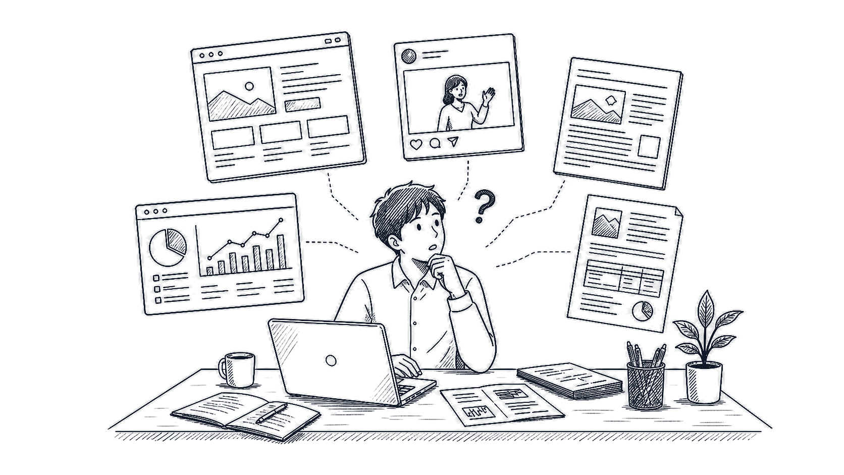 マーケティング業務の課題に迷う担当者の線画イラスト